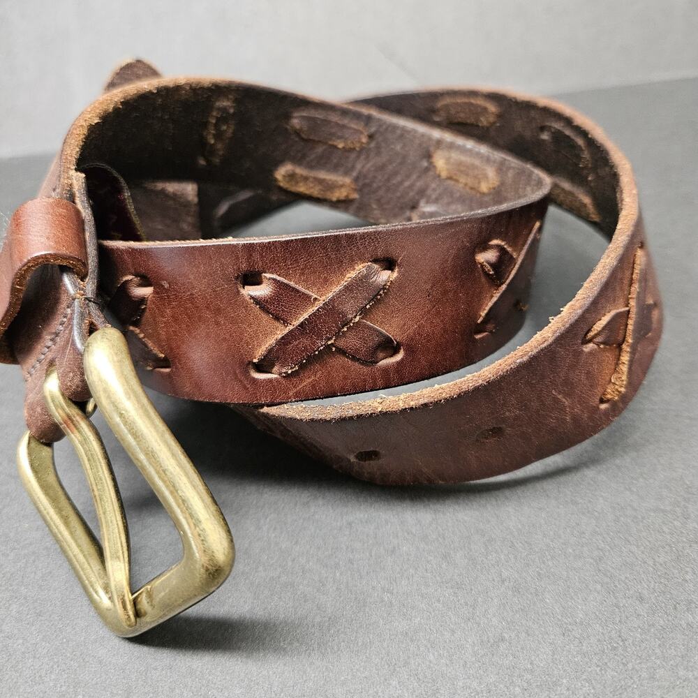 Cole Haan men's brown leather belt sz 34 solid brass buckle western southwestern